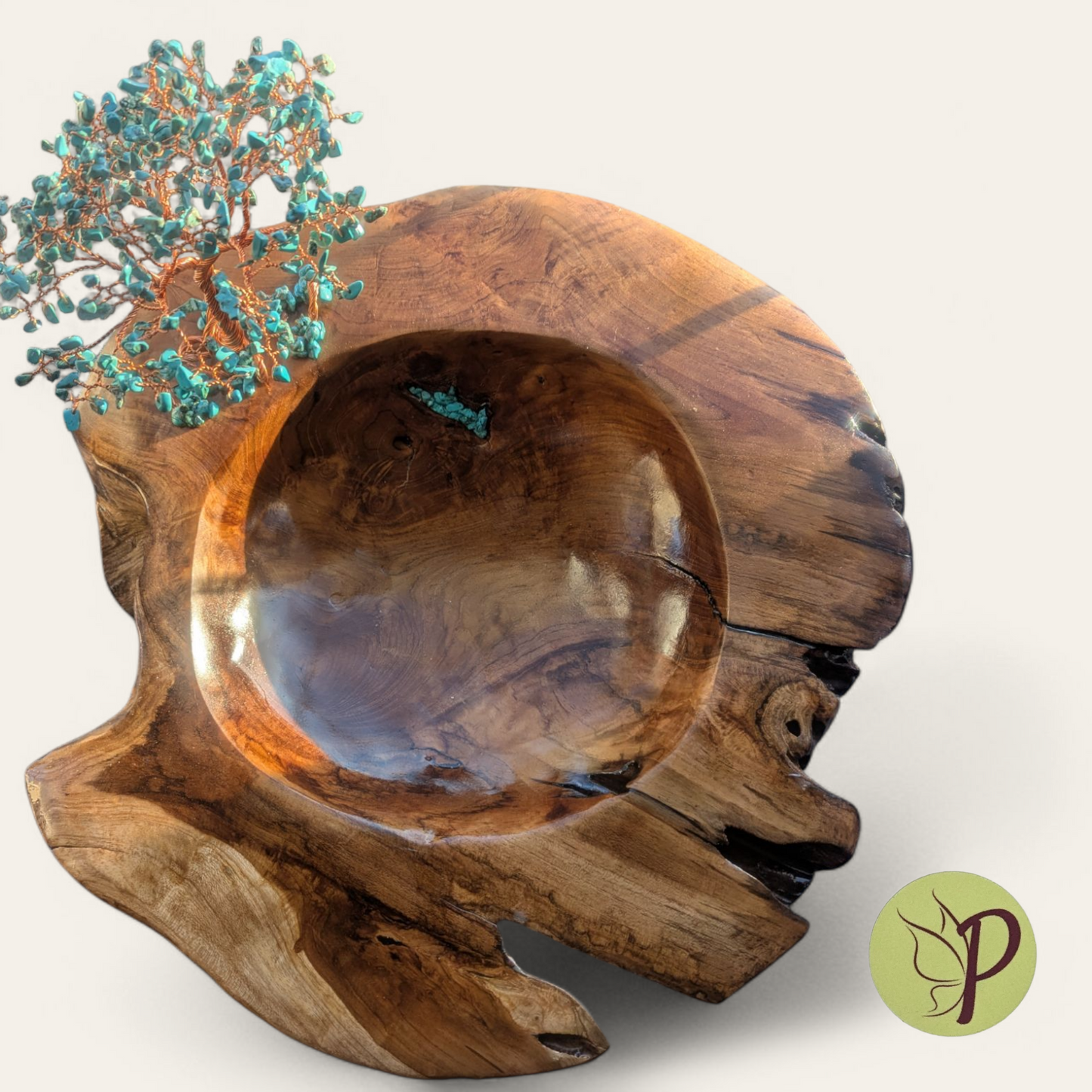 #185 - Large Teak Bowl with Dyed Howlite (Turquoise Color)