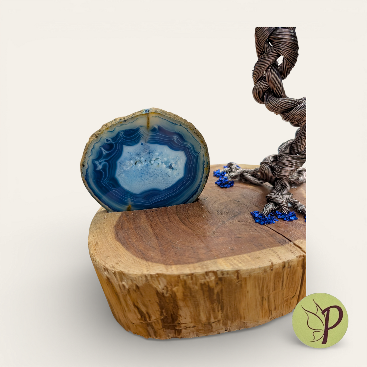 Blue Wire on Cedar with Agate Slice